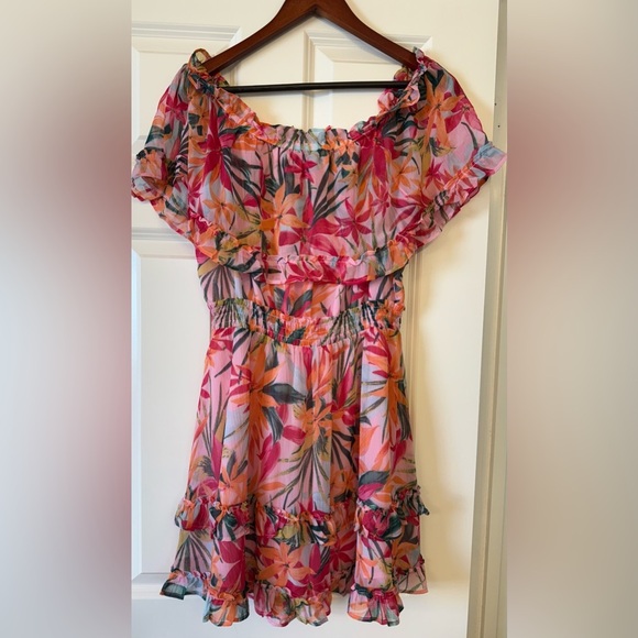 Jessica Simpson off Shoulder Ruffle Tropical Print Dress Size Large - Picture 3 of 13
